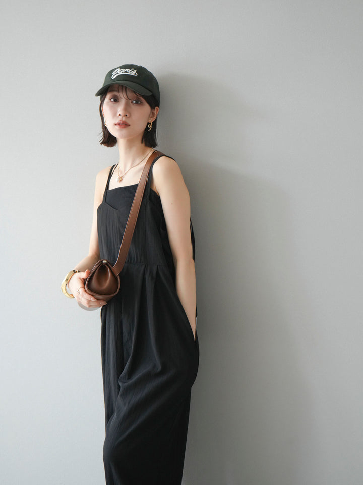 [SET]リネンライクビスチェデザインサロペット+ダブルストラップカットリブブラキャミソール(2set)