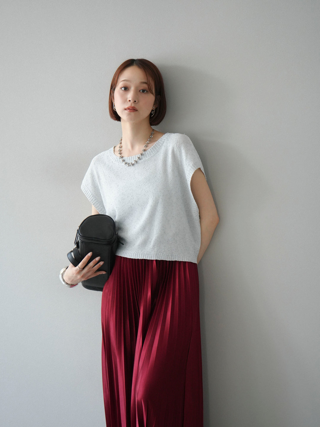 [SET]ネップヤーンクロップドニットベスト+サテンプリーツマキシスカート(2set)