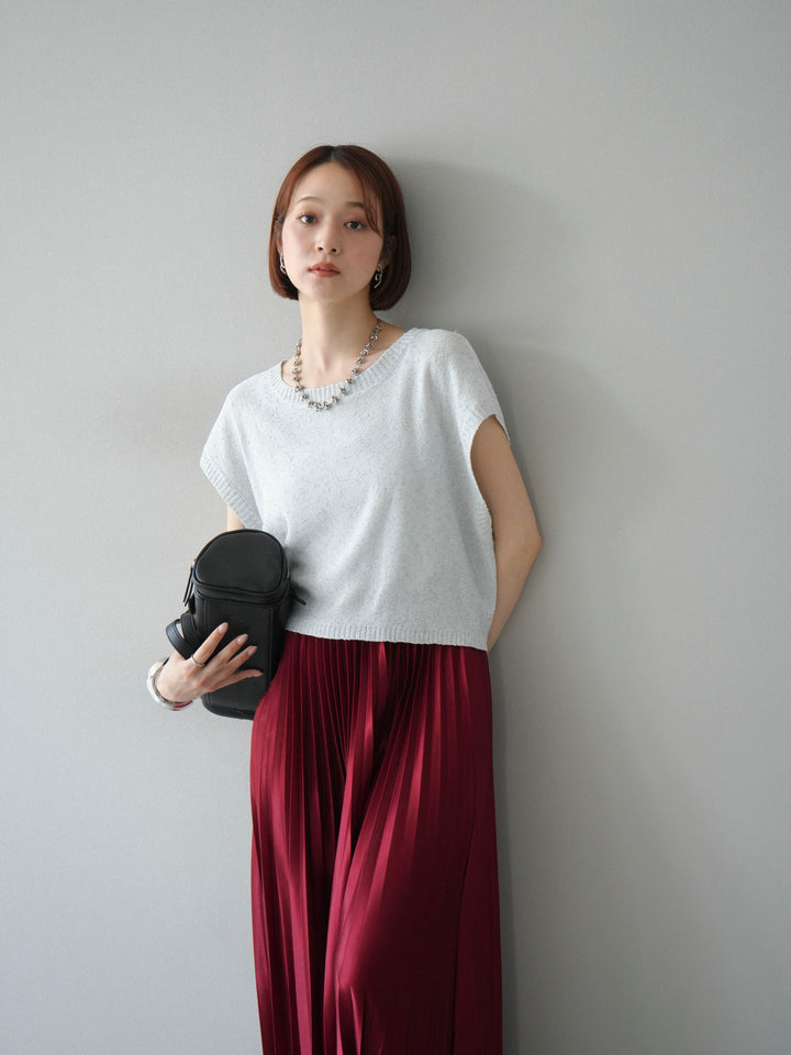 [SET]ネップヤーンクロップドニットベスト+サテンプリーツマキシスカート(2set)