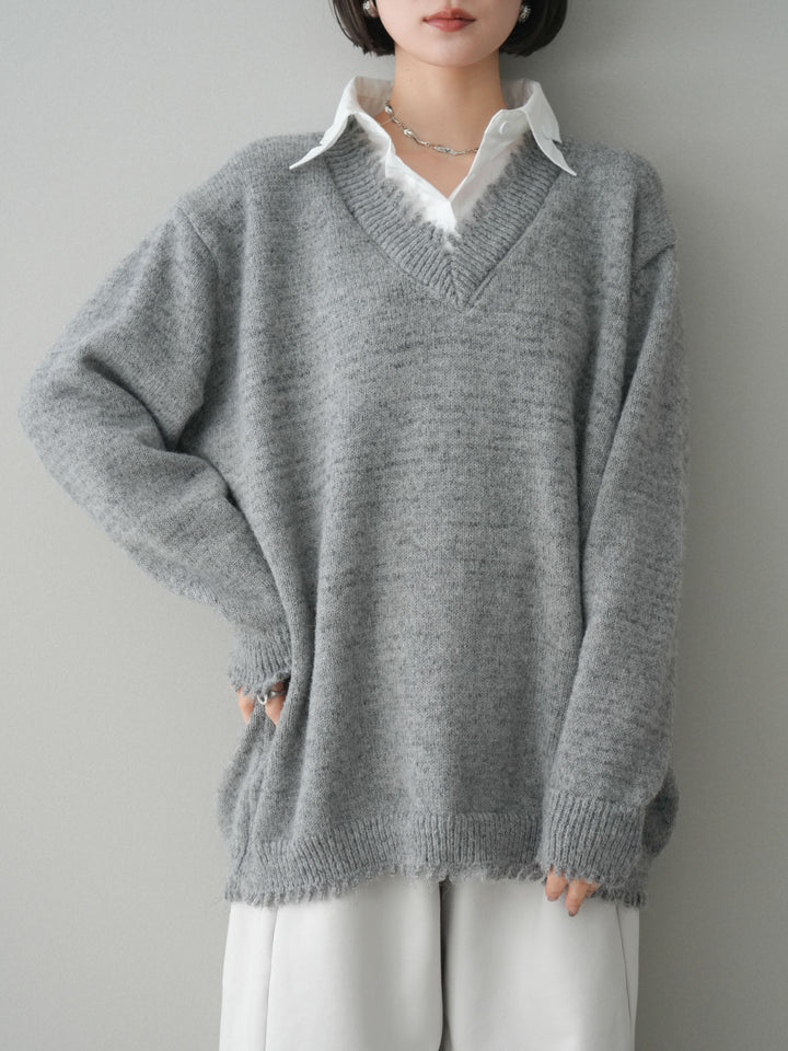 [予約]シャツドッキングVネックフリンジニットプルオーバー/gray