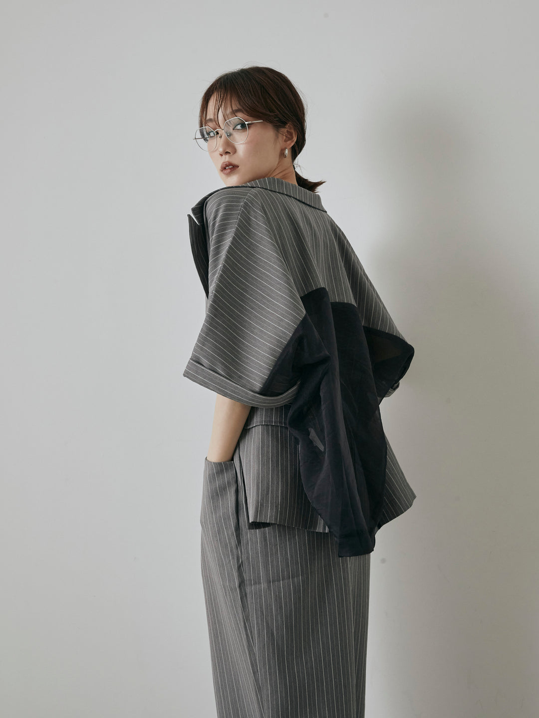 [予約]ヘリンボーンストライプサロペット/チャコール