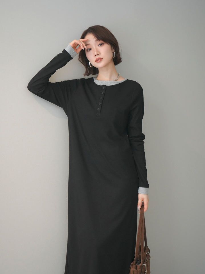 [予約]配色レイヤードヘンリーネックカットリブワンピース/black