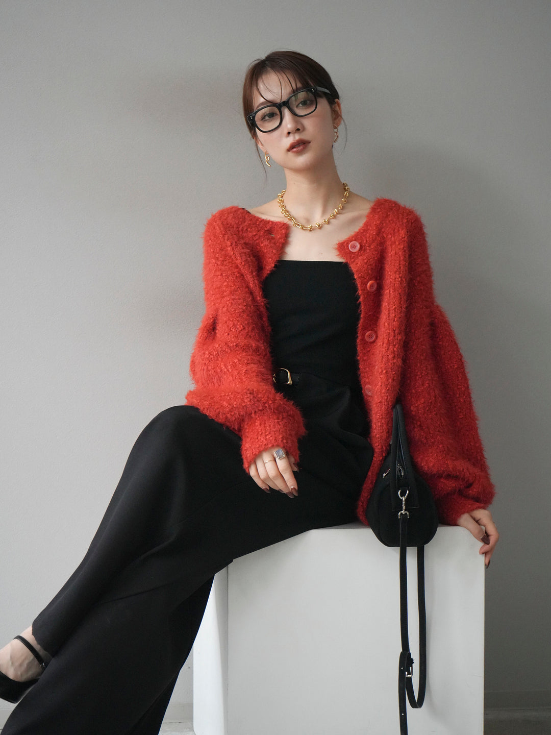 [SET]クルーネックランダムシャギーカーディガン+ベルトループデザインワイドパンツ(2set)