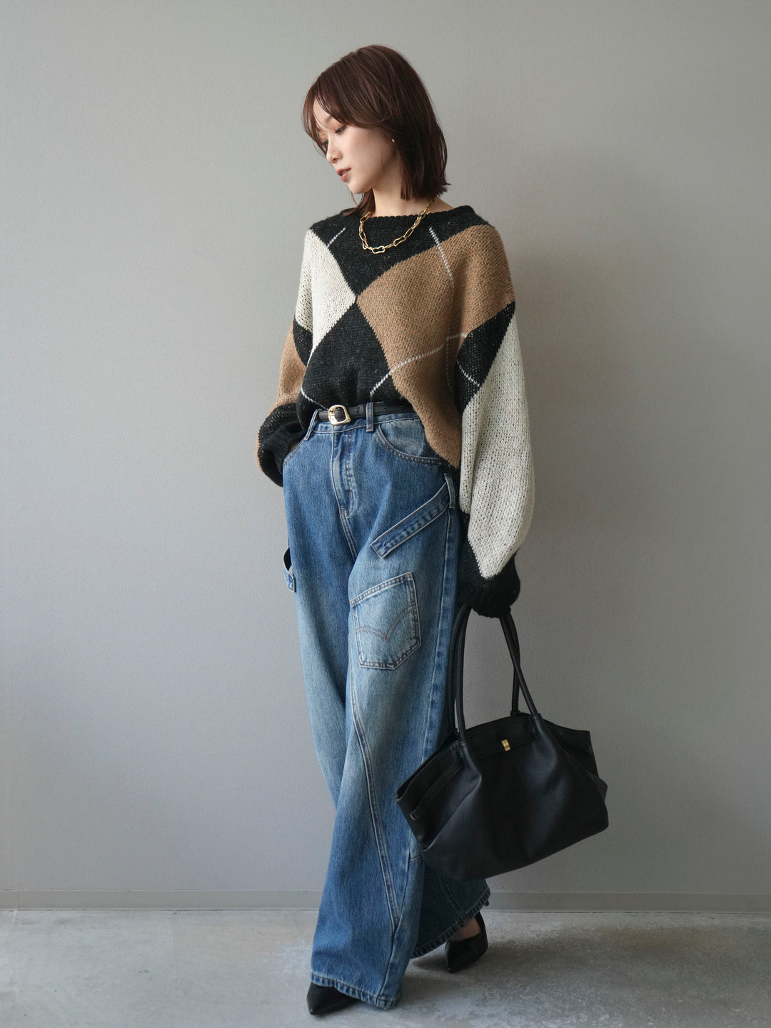 [SET]配色ステッチアーガイル柄ニットプルオーバー+ペインターカーブデニムパンツ(2set)