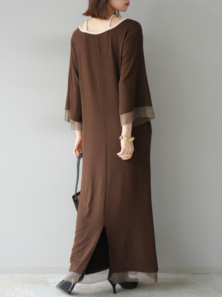 [予約]デザインネックラメシアー切替ニットワンピース/ブラウン
