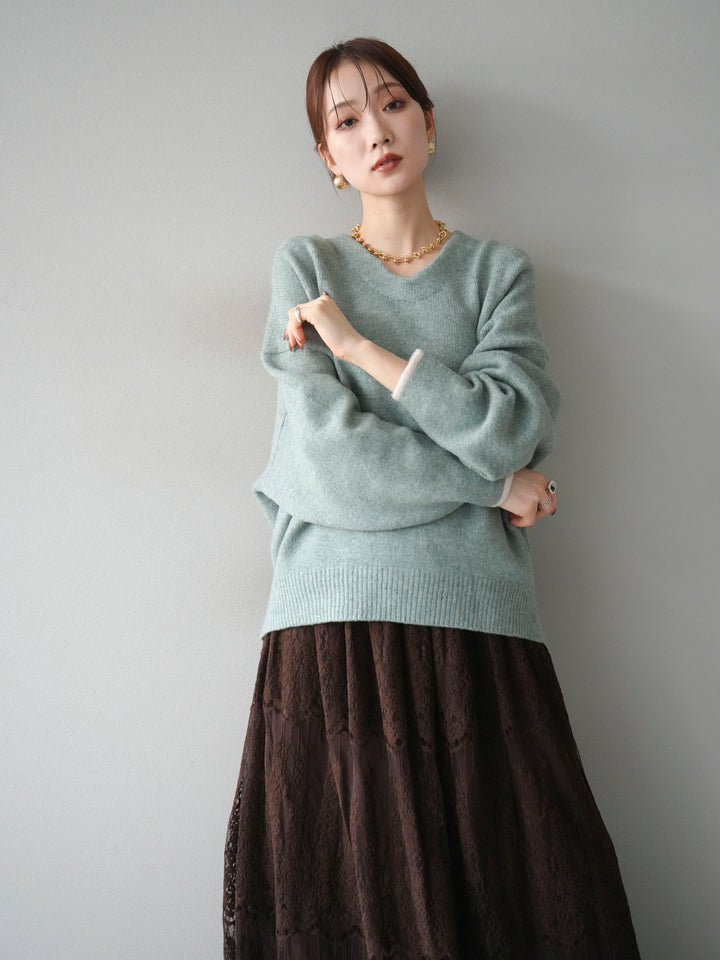 【預購】V領撞色袖針織套頭衫/薄荷綠
