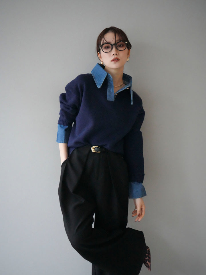 [SET]デニム襟ポロニットプルオーバー+ベルトループデザインワイドパンツ(2set)