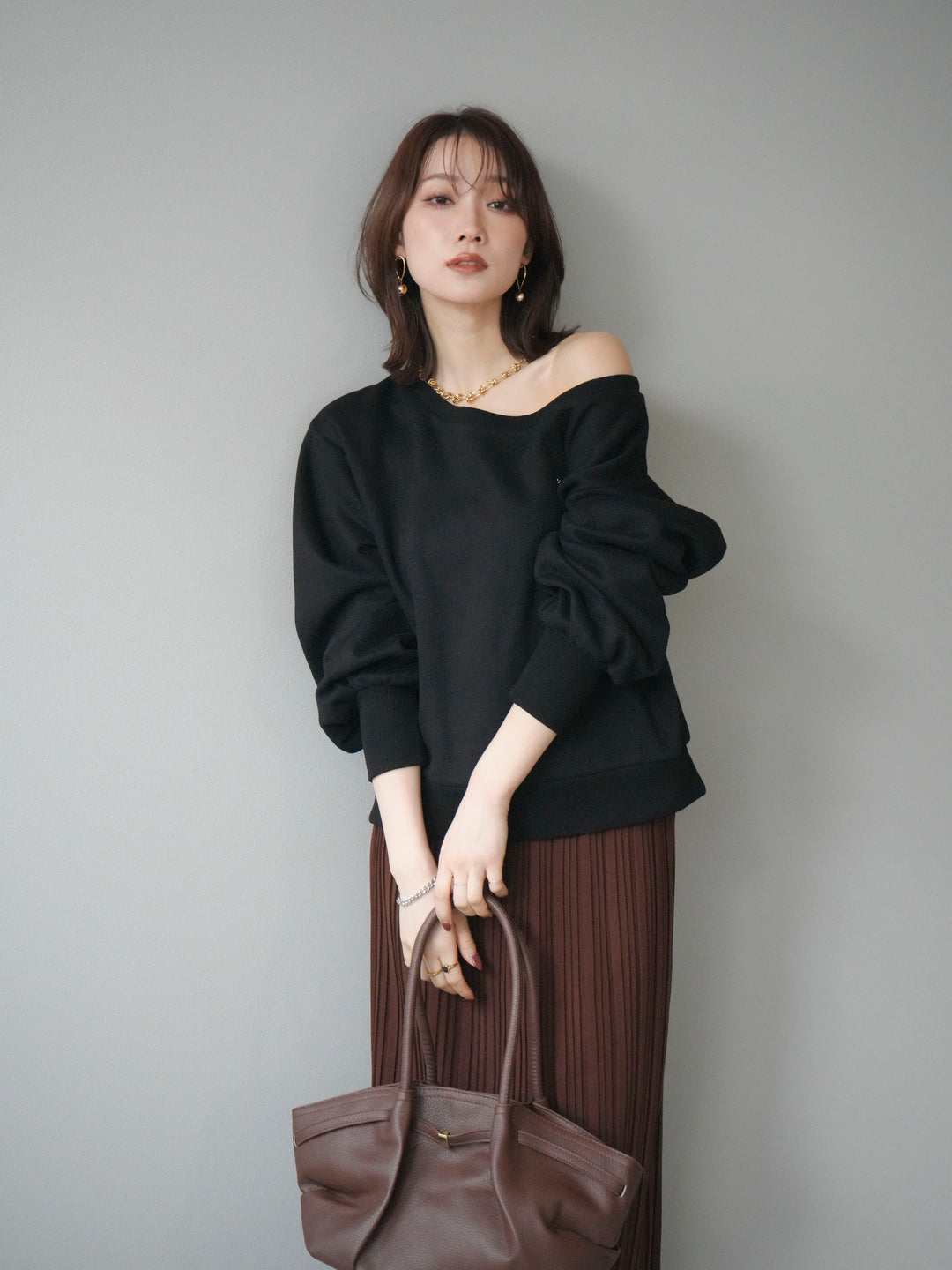 [予約]プレート付裏起毛ワンショルプルオーバー/black