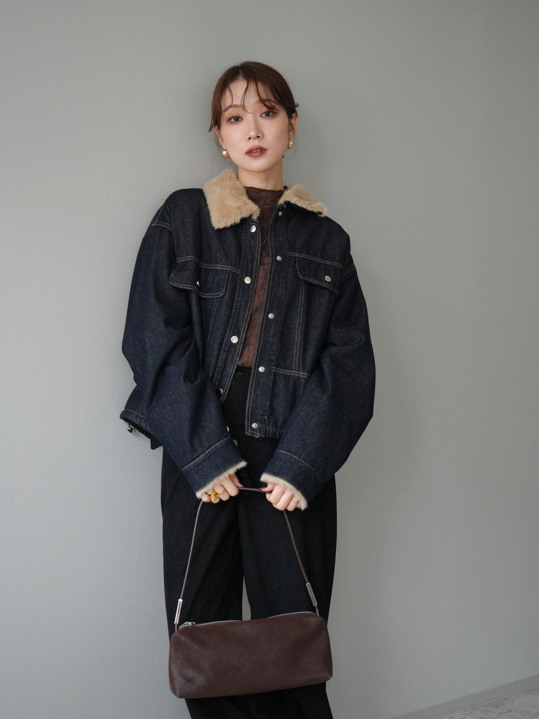 [予約]デニム×ファーステンカラーショートジャケット/indigo