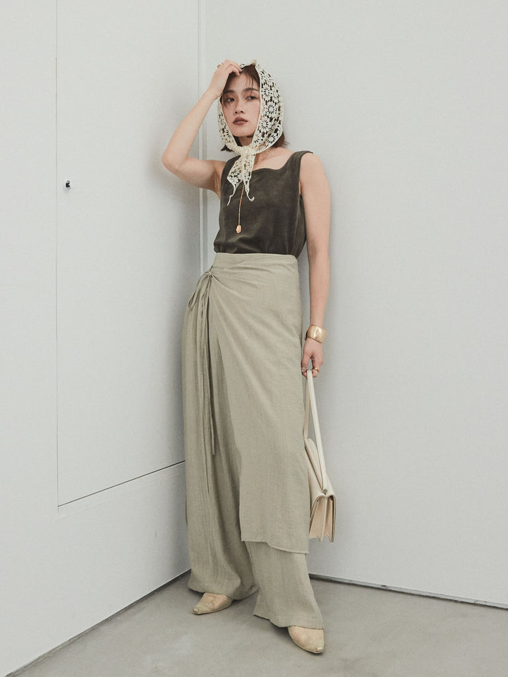 [SET]スクエアベロアタンクトップ+ワッシャーサテンレイヤードスカートパンツ(2set)