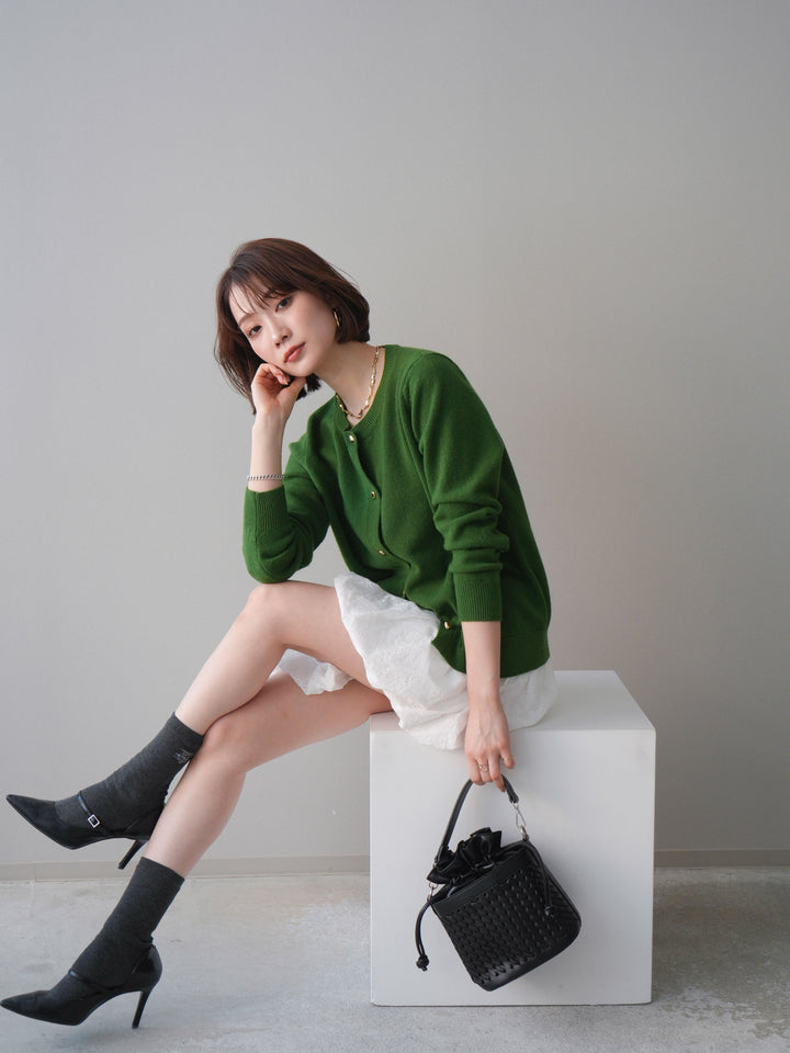 [SET]ハートボタンニットカーディガン+コットンライクレースバルーンミニスカート(2set)