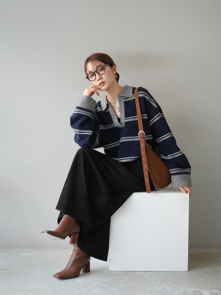 [SET]ポロ襟スキッパーボーダーニットプルオーバー+スウェードIラインスカート(2set)