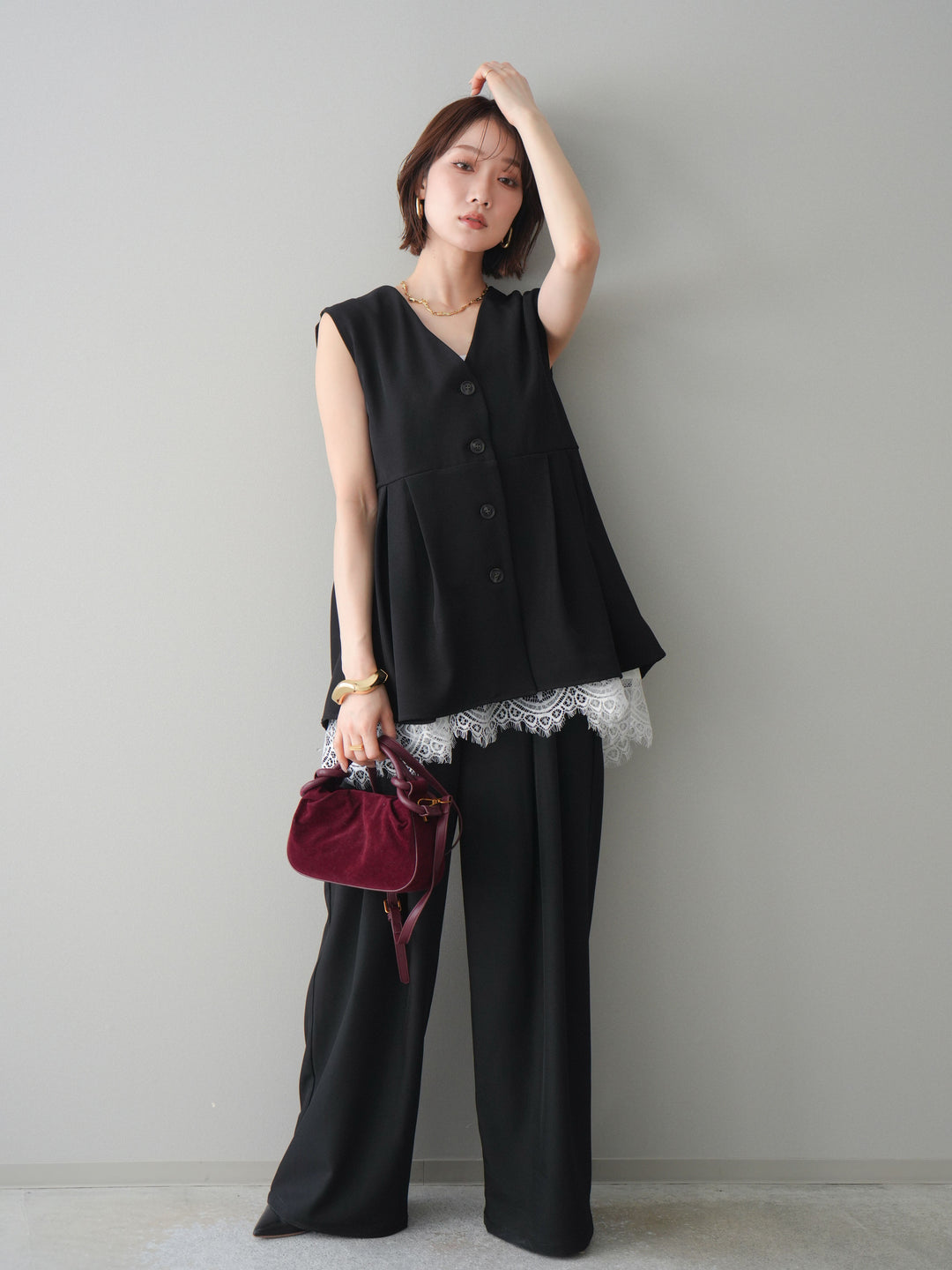 [予約]ウエストバイカラータックワイドパンツ/black