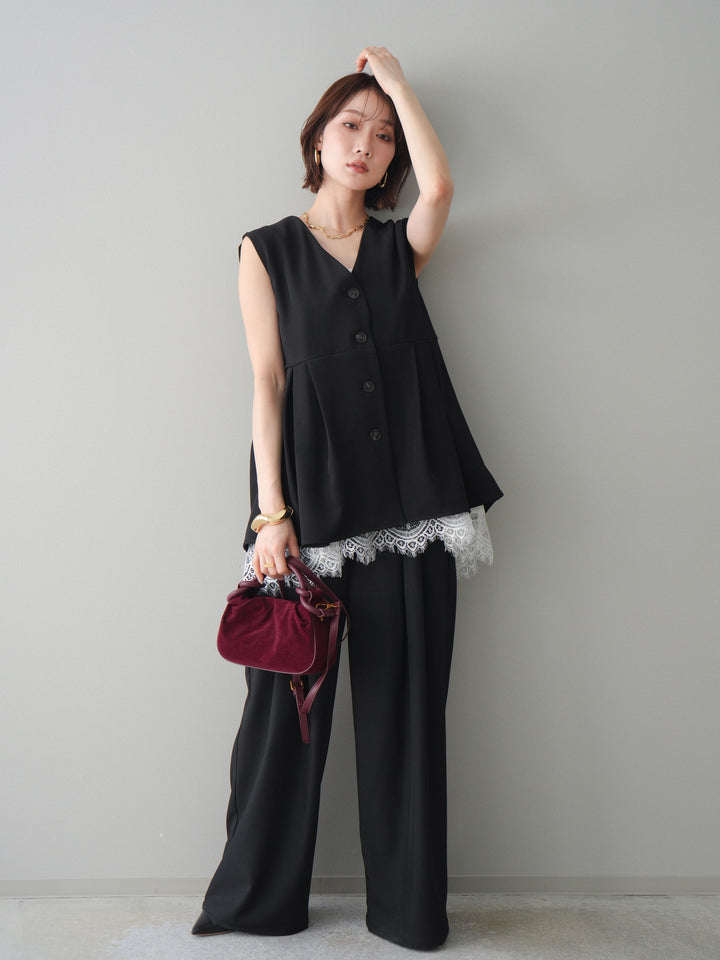 [予約]ウエストバイカラータックワイドパンツ/black