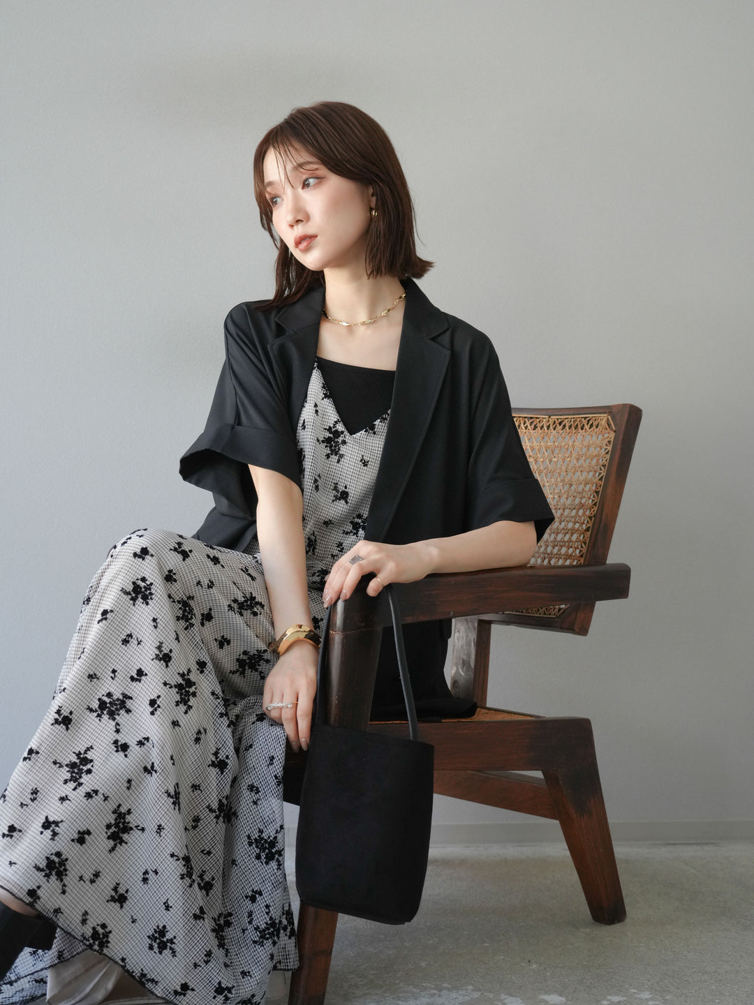 [套裝] 植絨薄紗層疊天鵝絨吊帶連身裙 + 金色紐帶半夾克 (2 套)