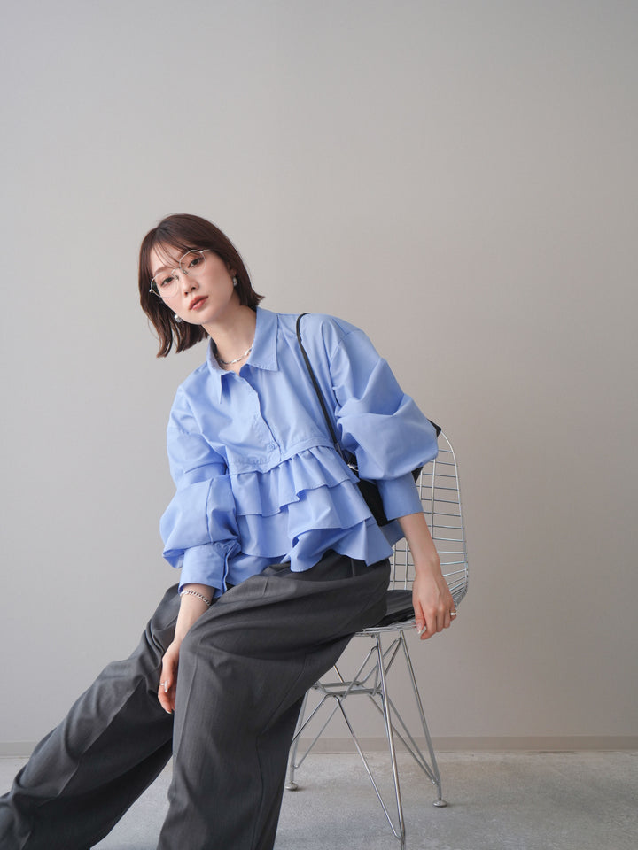 [SET]ブロードティアードショートシャツ+TRツイルデザインタックワイドパンツ(2set)