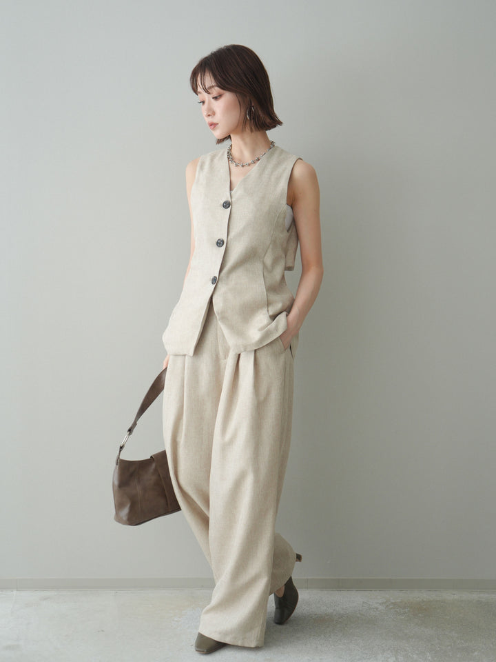 [予約]リネンライクタックワイドパンツ/oatmeal