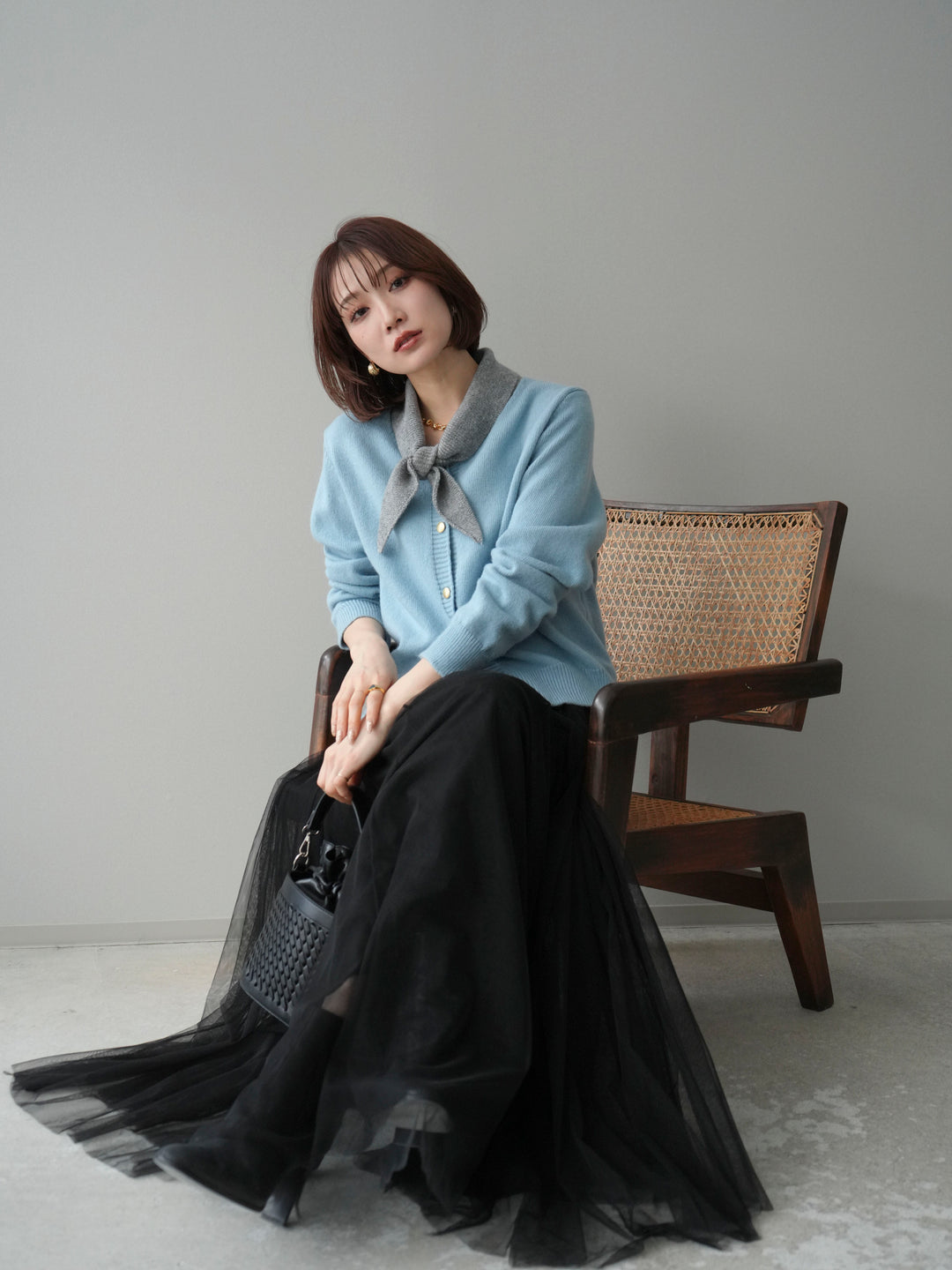 [SET]デザイン襟ニットカーディガン+チュールボリュームスカート(2set)