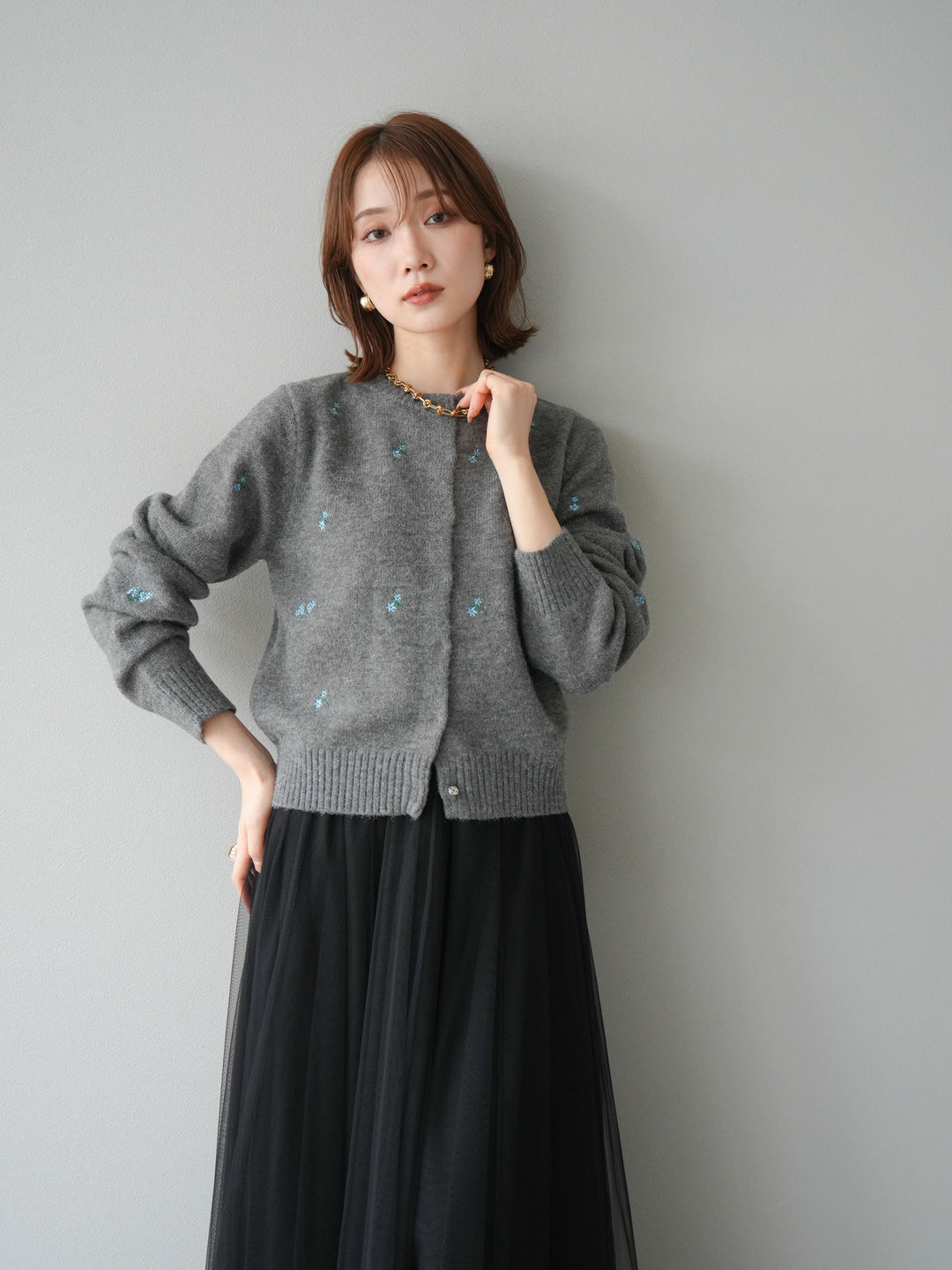 [SET]フラワー刺繍ニットカーディガン+チュールボリュームスカート(2set)