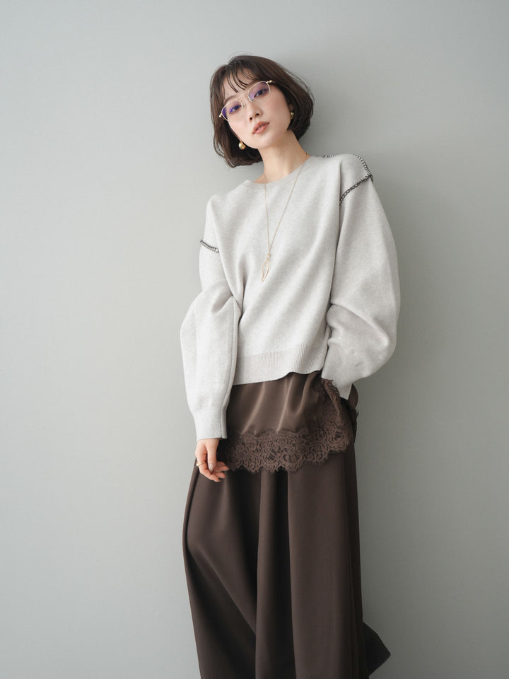 [予約]バックロゴ刺繍配色ステッチニットプルオーバー/lightgray