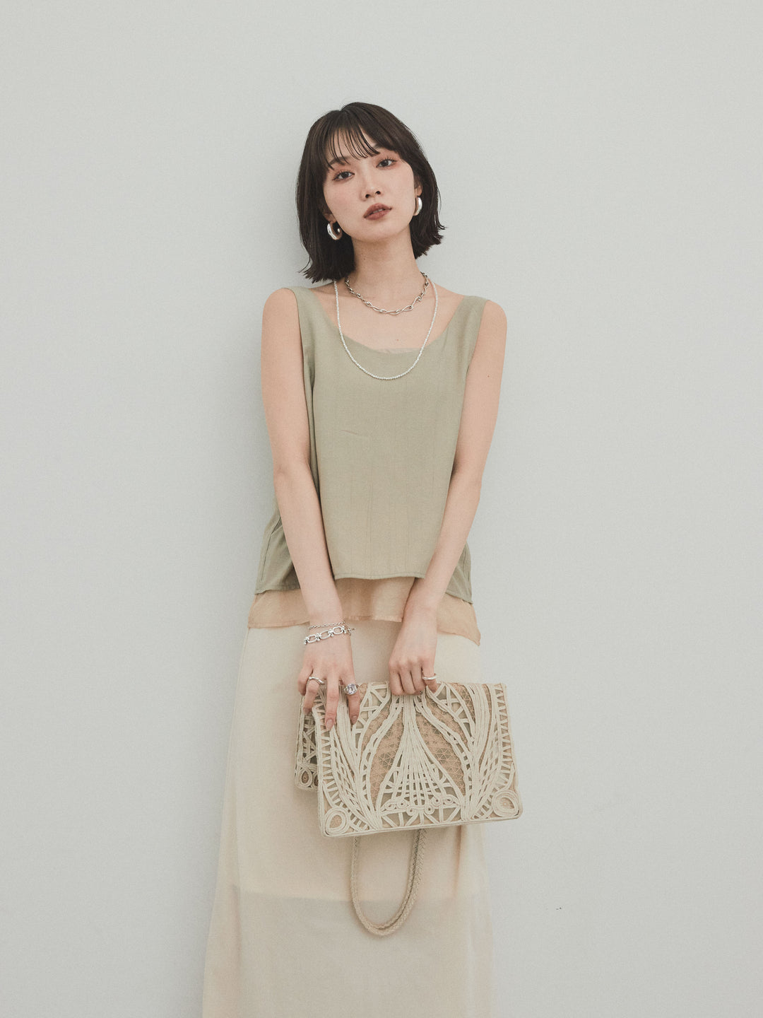 [SET]ワッシャーサテンシアーレイヤードタンクトップ+ベロアナロースカート(2set)