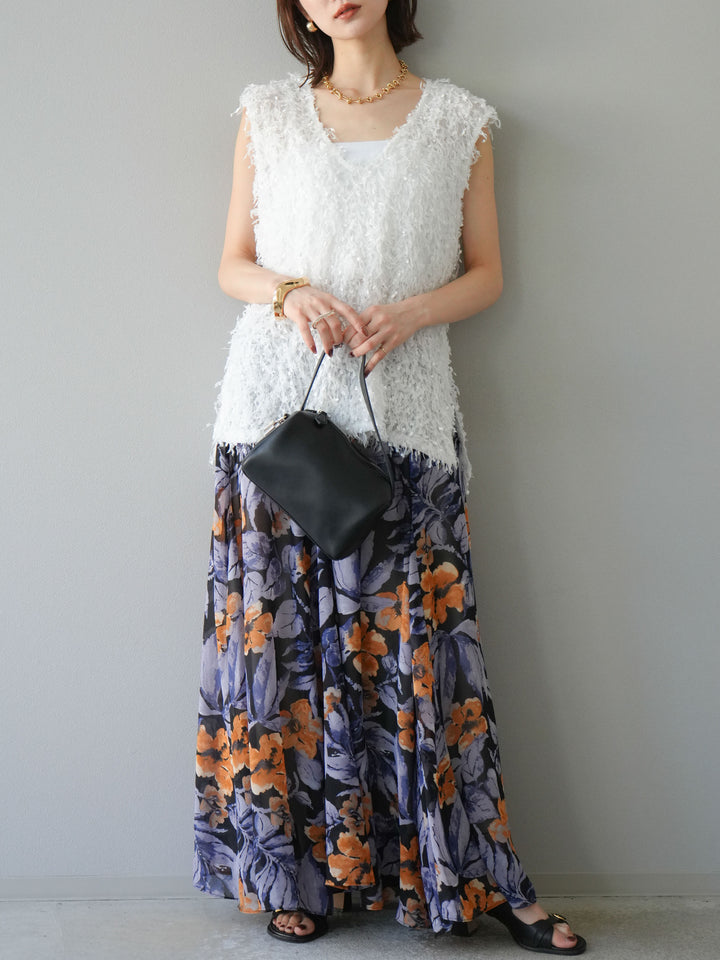 [予約]フラワープリントボリュームフレアスカート/ブラック