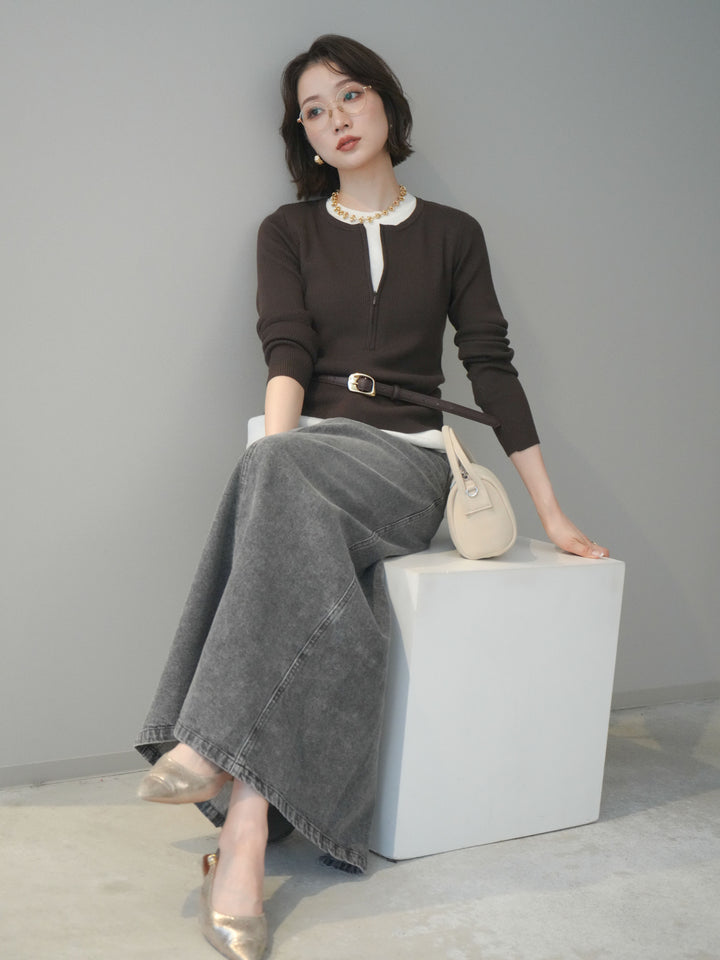 [予約]フロントジップ配色レイヤードニットトップス/choco