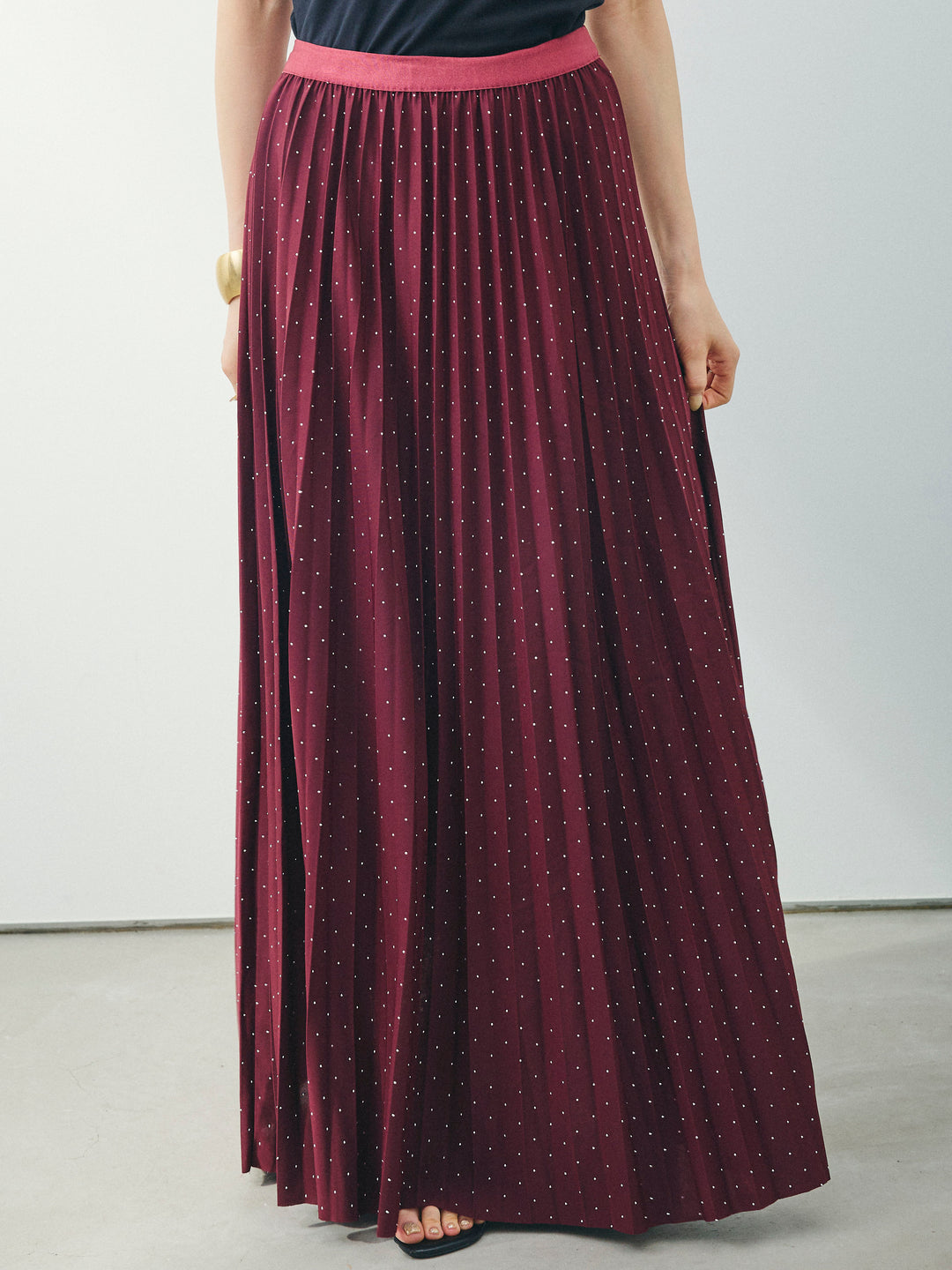 [予約]ラインストーンプリーツスカート/バーガンディー