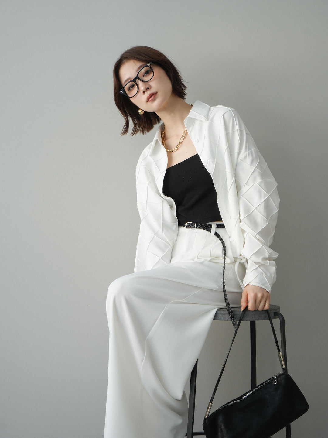 [SET]パイピングクロスデザインブラウス+編み込みベルト付タックワイドパンツ(2set)