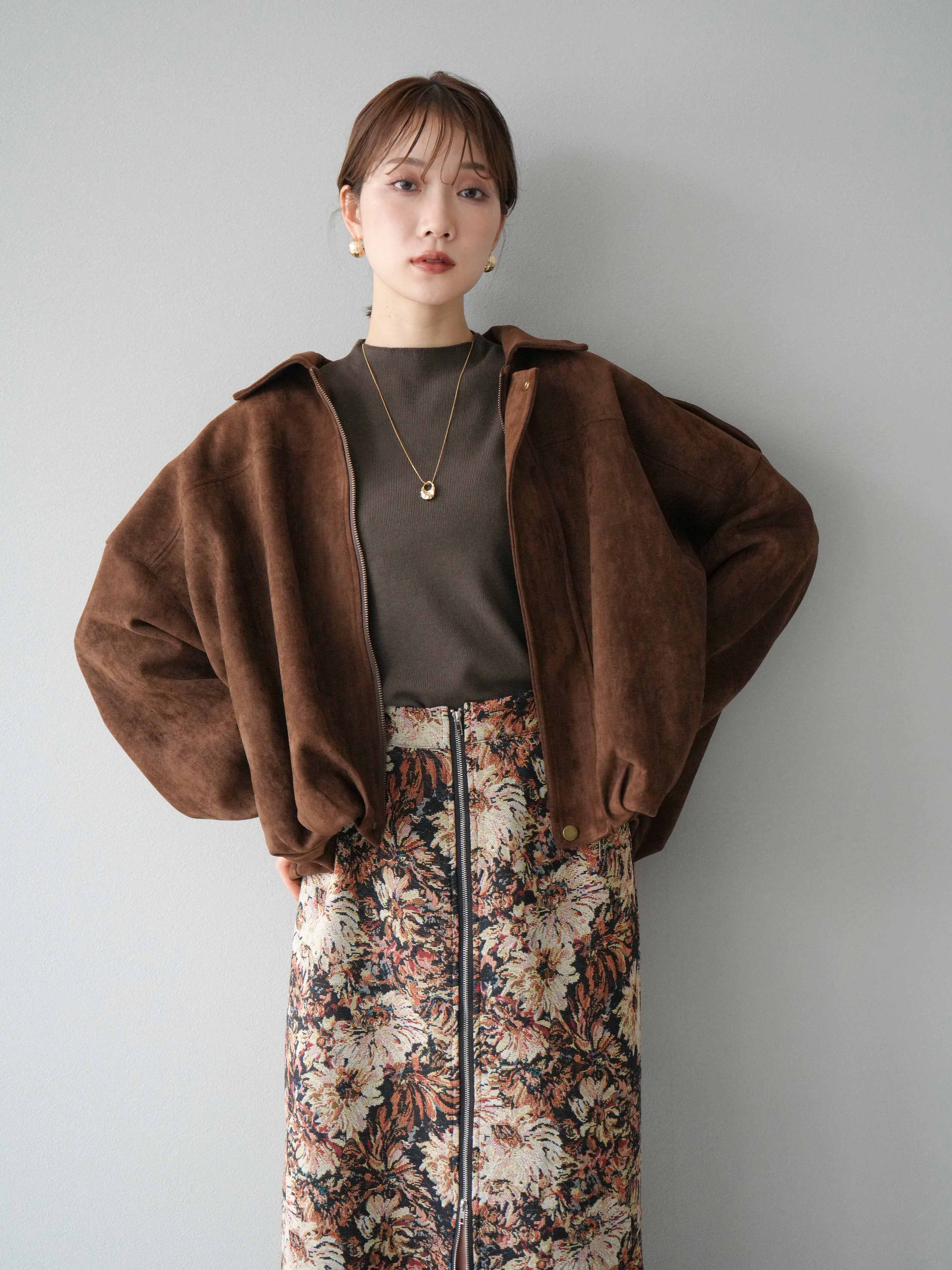 SET]スウェードオーバーブルゾン+ゴブランフロントジップタイト