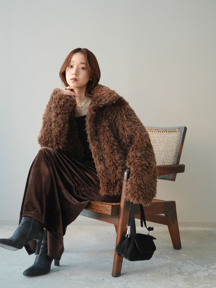 [SET]フェイクファー襟付きショートブルゾン+ギャザーベロアスカート(2set)