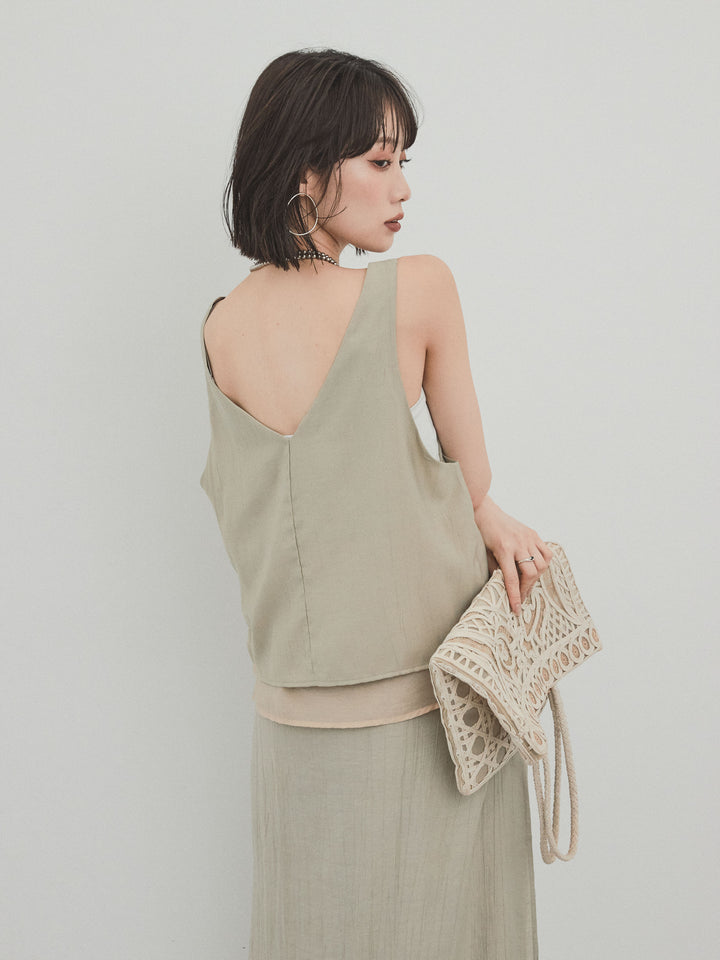 [SET] 洗衣機緞面透明層疊背心 + 洗衣機緞層疊裙褲 (2set)