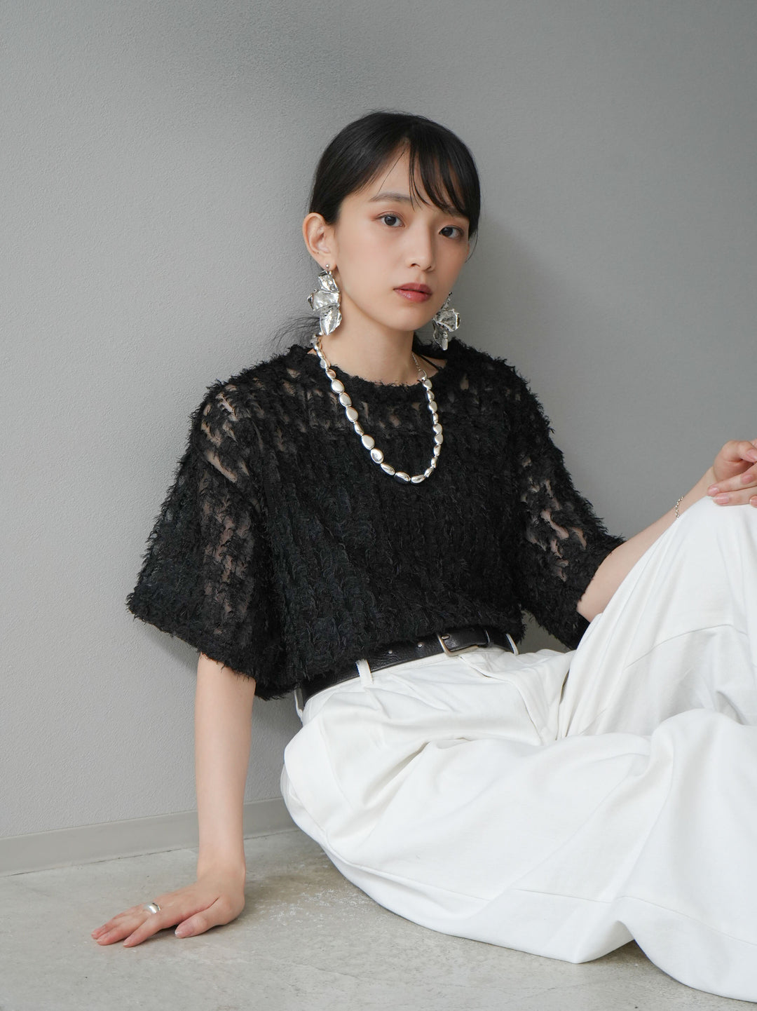 [Pre-order] Fringe Tulle 5/4 Sleeve Over Top/Black