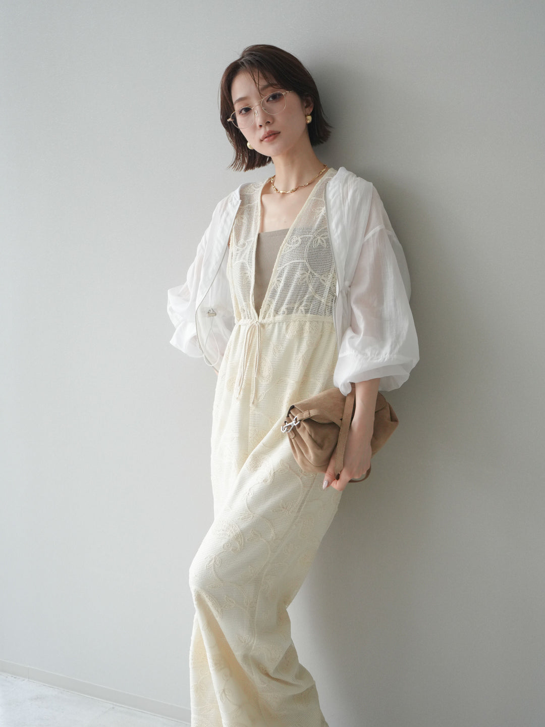 [SET]レース刺繍サロペット+ドロストシアーブルゾン(2set)