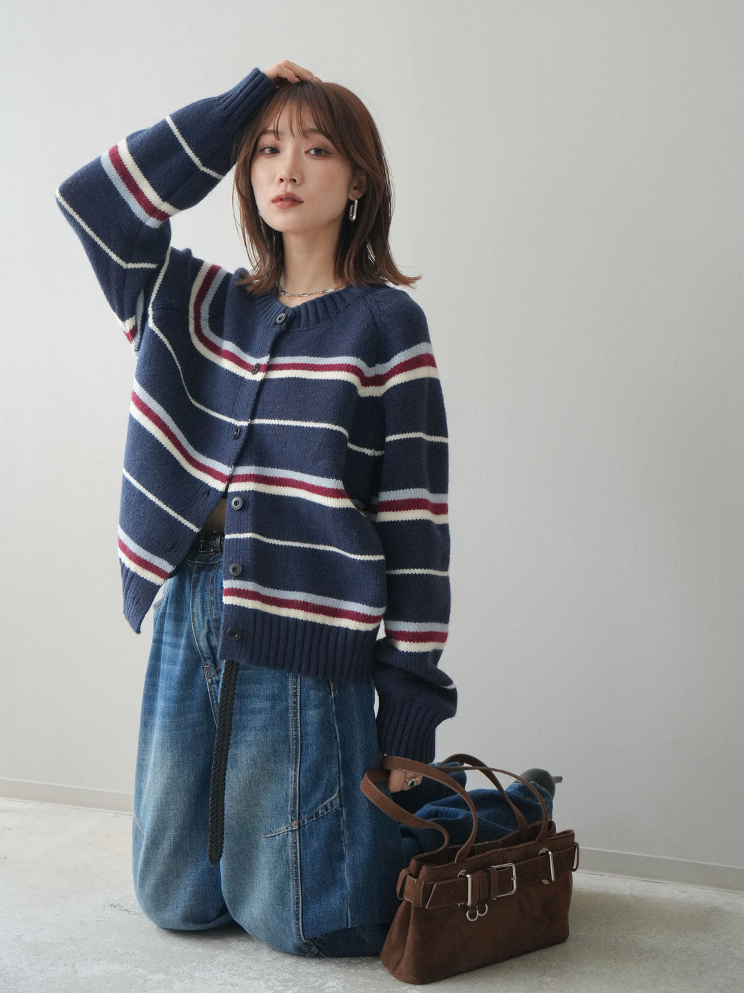 [予約]ランダムボーダーニットカーディガン/navy