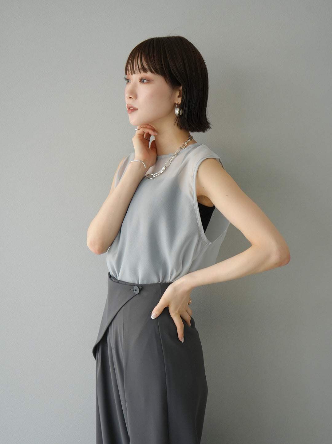 [SET] Organza sleeveless top + wrap wide pants (2set)