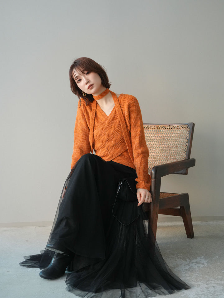 [SET]ケーブル編みクロスニットトップス+チュールボリュームスカート(2set)