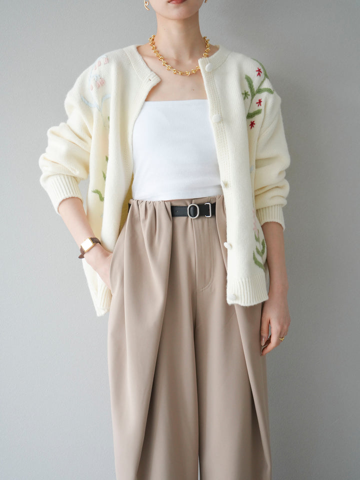 [SET]フラワー刺繍ニットカーディガン+ベルト付タックワイドパンツ(2set)
