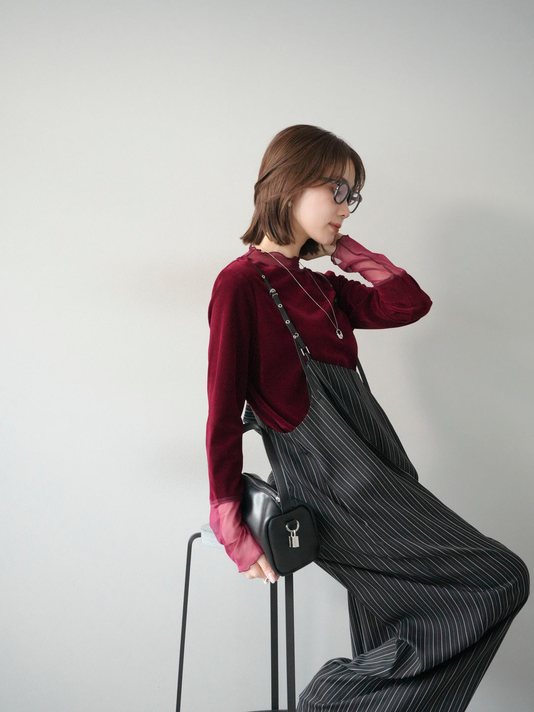 【着回しセット】[SET]ヘリンボーンストライプジレ+シアー切替ベロアトップス+ヘリンボーンストライプサロペット(3set)