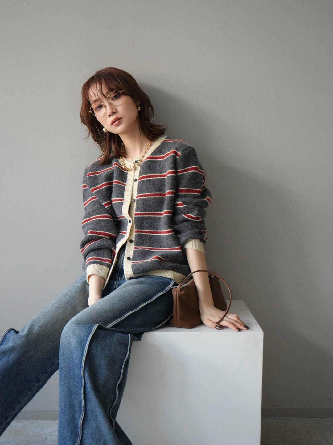 [予約]配色ボーダーニットカーディガン/gray