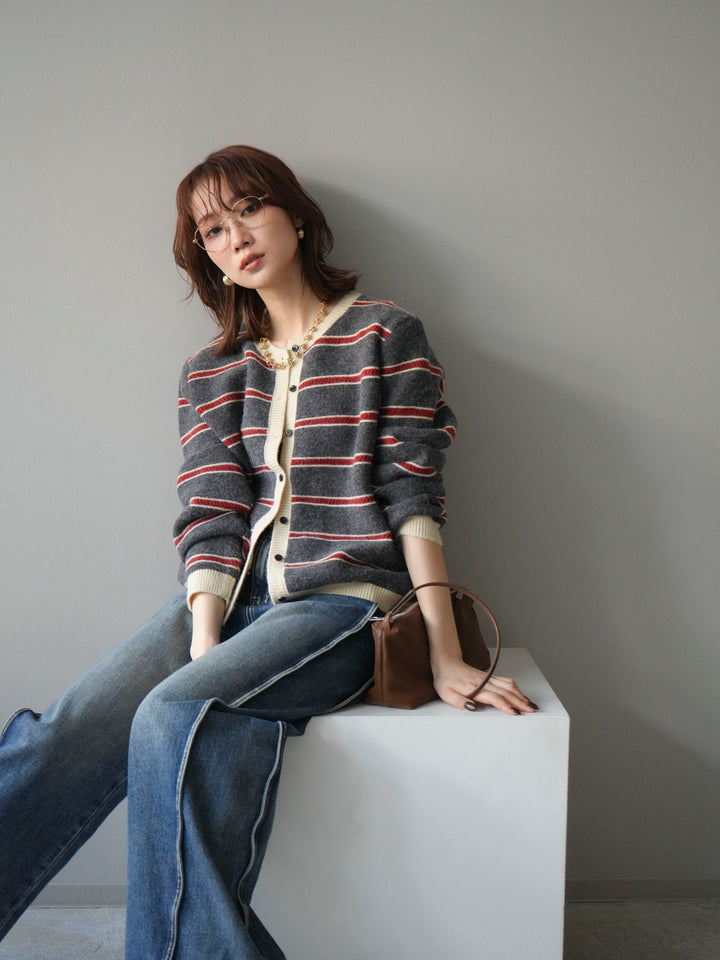 [予約]配色ボーダーニットカーディガン/gray