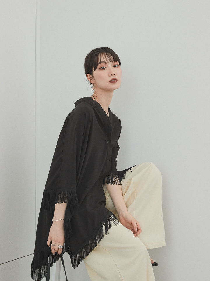 [SET] 方形流蘇斗篷襯衫 + 亞麻觸感褶皺寬褲 (2 件套)