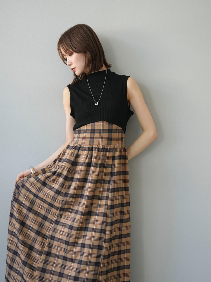 [予約]テレコ×チェックドッキングノースリワンピース/ブラック×ベージュ