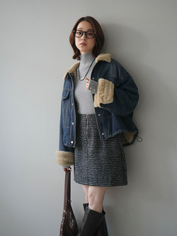 [予約]デニム×ファーステンカラーショートジャケット/blue