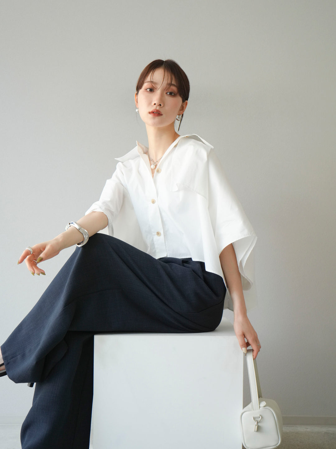 [SET]ポンチョショートシャツ+リネンライクイージーワイドパンツ(2set)