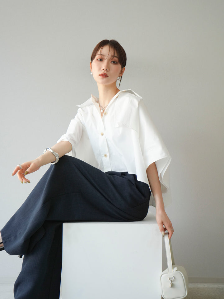 [SET]ポンチョショートシャツ+リネンライクイージーワイドパンツ(2set)