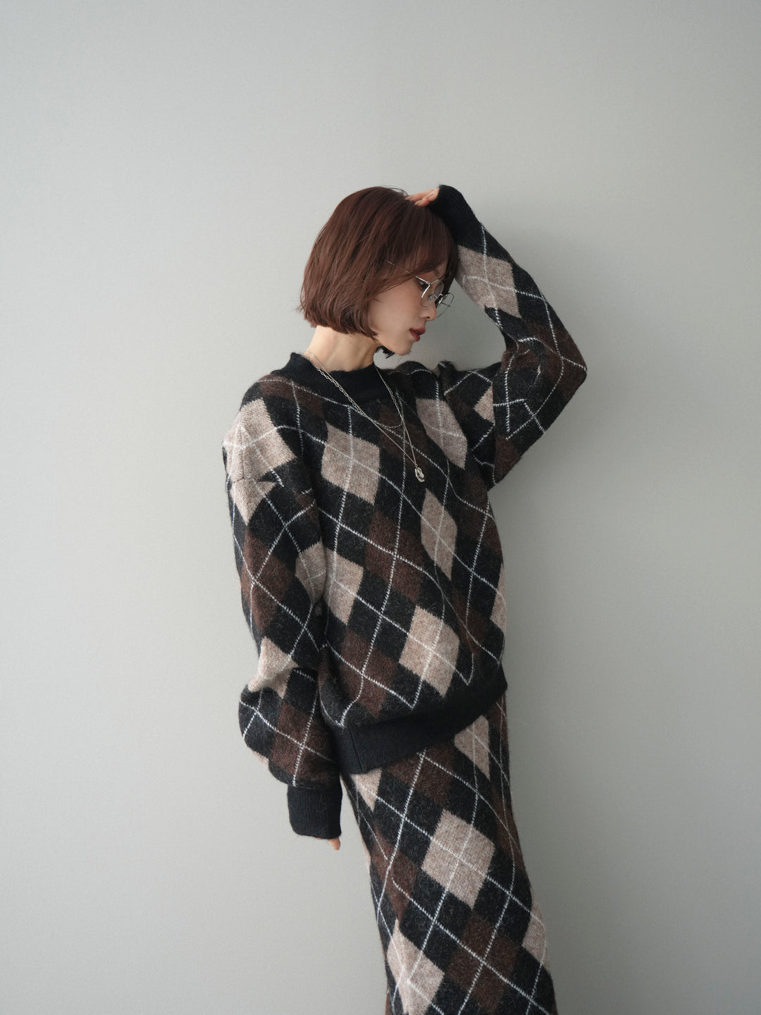 [SET]アーガイルニットプルオーバー&ロングスカートSET UP+選べるアクセセット(2set)