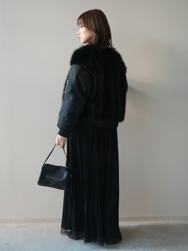 [SET]ファードッキングMA-1+袖ボタンボトルネックリブニットトップス+裾レーススウェードプリーツマキシスカート(3set)