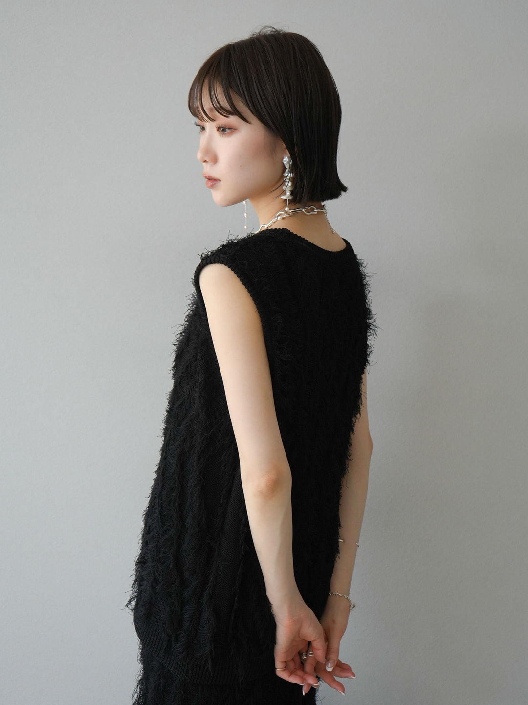 [Pre-order] Mixed fringe knit skirt/black