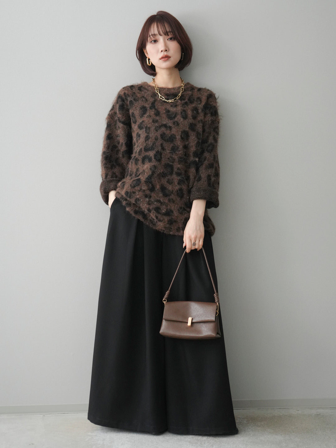[SET]レオパードシャギーニットプルオーバー+テープベルトタックバギーパンツ(2set)